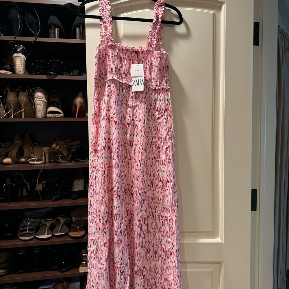 Zara Pink Patterned Smocked Maxi Dress